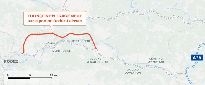 Image montrant une carte de l'Aveyron. Focus sur le tracé de la RN88 ou seront réalisés de potentiels travaux. Portion de Rodez à Séverac d'Aveyron. Tronçon en tracé neuf sur la portion Rodez-Laissac.